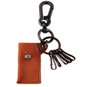 Genuine Leather  Pouch Key Chain - Hexagonal Metal Accent - Dark Brown