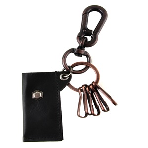 Genuine Leather  Pouch Key Chain - Hexagonal Metal Accent - Black