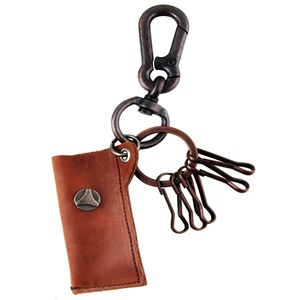 Genuine Leather  Pouch Key Chain  - Fleur de lis Metal Design - Brown