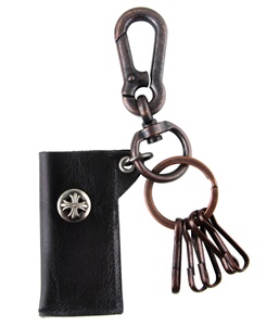 Genuine Leather  Pouch Key Chain - Skull Metal Design - Black