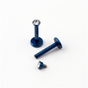16G Steel Anodized Blue Internal Lip Ring with Clear Stone LIP-6