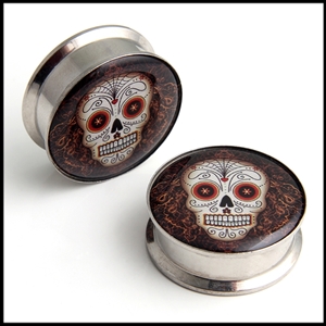 Screw on stash steel plugs gauges with Sugar Skull Day of the Dead logo, available in the following sizes: 13/16", 7/8"