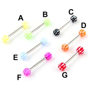 Tongue Ring anodized color stripes acrylic logo barbell 14g bar 6mm ball body jewelry