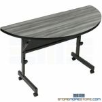 Curved Collapsible Training Tables Rolling Stacks Together Top Folds Down Tilts