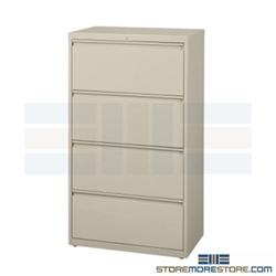 Four Drawer Lateral File Cabinet 42" wide with anti-tipping prevention feature to prevent more than one drawer to be opened at the same time; shipped with a key lock, supports Letter, Legal or A4 filing and comes in 5 standard colors.