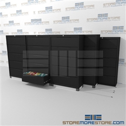 This Lateral File Cabinet storage system condenses and compacts to save your filing storage floor space and provide more space for desks and other equipment to generate revenue.