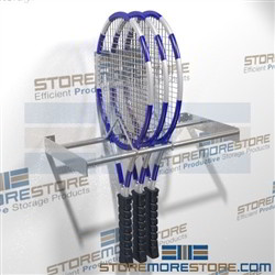 Tennis Racket storage racks mount on wall and hold multiple tennis racquets from bottom rather than top