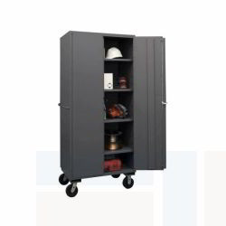 mobile storage cabinet, locking steel shelves, hinged doors, industrial cabinet