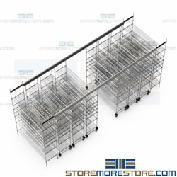 Rolling Track Shelving Storage Moveable Aisle Wire Racks Plastic Bins Top Track