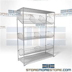 Quantum 2448BC6C Angled wire basket racks tilted positing shelves chrome supply shelving are better than plastic bins on wire shelving because dust and dirt falls through the wire bins allowing parts to stay clean and no need for the occasional cleaning