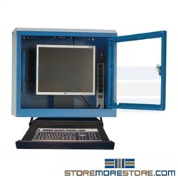 Wall hung dust proof computer cabinet protects CPU, Monitor in a mounted enclosure with a polycarbonate see thru locking door with external keyboard tray and mouse preventing computer theft and damage from dirt and dust in the industrial work environment