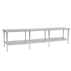 132"W x 36"D 14-gauge/304 Stainless Top Worktable with Marine Counter Edge and 8 Stainless Legs and Undershelf , #SMS-88-T36132SEM