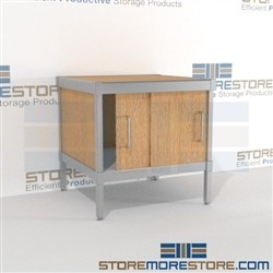 Mobile mail center sorting consoles with doors are a perfect solution for corporate services strong aluminum framed console and is modern and stylish design skirts on 3 sides Back to back mail sorting station Perfect for storing mail machines and scales