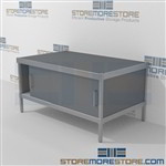 Increase employee efficiency with mail services consoles with adjustable legs with an innovative clean design includes a 3 sided skirt Start small with expandable mail room furniture, expand as business grows Perfect for storing mail scales and supplies