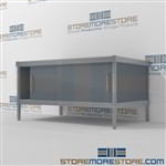 Mail equipment consoles with lower sliding doors are a perfect solution for literature fulfillment center durable work surface with an innovative clean design all consoles feature modesty panels located at the rear In line workstations Hamilton Sorter