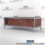 Mail center equipment consoles with lower doors are a perfect solution for literature processing center built strong for a long durable work life and is modern and stylish design skirts on 3 sides Back to back mail sorting station Communications Furniture