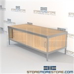 Adjustable mail center bench is a perfect solution for mail & copy center strong aluminum framed console with an innovative clean design built from the highest quality materials Full line for corporate mailroom Specialty tables for your specialty needs