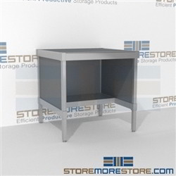 Mail sort table with half shelf is a perfect solution for corporate services mail table weight capacity of 1200 lbs. and lots of accessories includes a 3 sided skirt In Line Workstations Let StoreMoreStore help you design your perfect mail sorting system