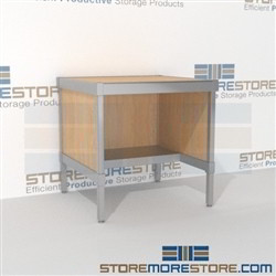 Mail room work table sort with half storage shelf is a perfect solution for corporate mail hub long durable life and comes in wide selection of finishes skirts on 3 sides L Shaped Mail Workstation Let StoreMoreStore help you design your perfect mailroom