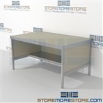 Increase efficiency with mail flow work table with half storage shelf durable work surface and lots of accessories aluminum frames eliminate exposed edges and protect laminate work surfaces 3 mail table depths available Perfect for storing mail supplies