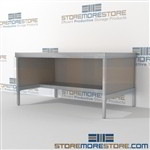 Mail flow workbench with half storage shelf is a perfect solution for interoffice mail stations mail table weight capacity of 1200 lbs. and is modern and stylish design built using sustainable materials In line workstations Perfect for storing mail tubs