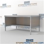 Mail room desk with half shelf is a perfect solution for mail & copy center long durable life and variety of handles available quality construction Specialty configurations available for your businesses exact needs Easily store sorting tubs underneath