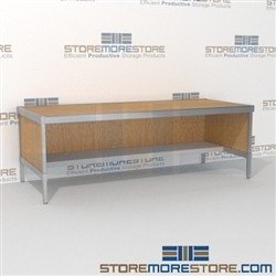 Increase employee moral with mail center mobile desk with lower half shelf mail table weight capacity of 1200 lbs. and lots of accessories all consoles feature modesty panels located at the rear Full line of sorter accessories Mix and match components