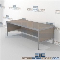 Mail adjustable workbench with half storage shelf is a perfect solution for outgoing mail center durable design with a strong frame and lots of accessories skirts on 3 sides 3 mail table heights available Doors to keep supplies, boxes and binders hidden