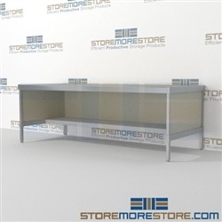 Mail center adjustable workstation with half storage shelf is a perfect solution for outgoing mail center all aluminum structural framework with an innovative clean design quality construction In line workstations Specialty tables for your specialty needs