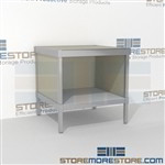 Mail table with bottom shelf is a perfect solution for manifesting and shipping center built for endurance and is modern and stylish design includes a 3 sided skirt Extremely large number of configurations Doors to keep supplies, boxes and binders hidden