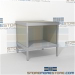 Mail bench with bottom shelf is a perfect solution for literature fulfillment center mail table weight capacity of 1200 lbs. and variety of handles available skirts on 3 sides 3 mail table depths available Doors to keep supplies, boxes and binders hidden