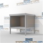 Maximize your workspace with mail bench with bottom storage shelf and comes in wide selection of finishes all consoles feature modesty panels located at the rear Extremely large number of configurations Doors to keep supplies, boxes and binders hidden