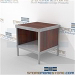 Maximize your workspace with mail desk with full shelf durable work surface and comes in wide selection of finishes built using sustainable materials 3 mail table depths available Bottom Cabinet perfect for storing mailroom scales, envelopes, binders