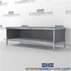 Maximize your workspace with mail flow mobile workstation with full shelf built for endurance and lots of accessories wheels are available on all aluminum framed consoles 3 mail table heights available Doors to keep supplies, boxes and binders hidden