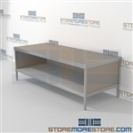 Mail flow bench with storage shelf is a perfect solution for manifesting and shipping center durable design with a strong frame and lots of accessories quality construction Over 1200 Mail tables available For the Distribution of mail and office supplies