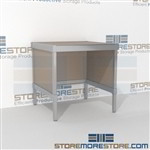 Improve your company mail flow with mail workstation durable design with a strong frame and lots of accessories skirts on 3 sides Extremely large number of configurations Bottom shelf for storing binders, literature, envelopes, and other postage supplies