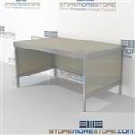 Mail center rolling table is a perfect solution for mail processing center strong aluminum framed console and variety of handles available skirts on 3 sides L Shaped Mail Workstation Bottom Cabinet perfect for storing mailroom scales, envelopes, binders