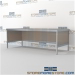 Increase employee accuracy with mail workbench equipment mail table weight capacity of 1200 lbs. and is modern and stylish design includes a 3 sided skirt In Line Workstations Let StoreMoreStore help you design your perfect literature processing system