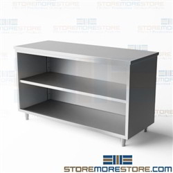 Stainless open cabinet ideal for item and material storage welded stainless steel workbench with backsplash designed to prevent fluids and materials from falling behind the table unit 60" long 24" deep stainless steel workbench co2460b Tarrison cabinet