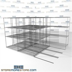 4 Deep Mobile Wire Shelves industrial warehouse wire shelves on wheels SMS-94-LAT-2142-32-Q overall size is 8729.9 inches wide x 11' 2" deep x 134 inches high