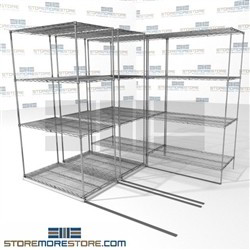 Three Deep Sliding Wire Shelves canned goods gliding chrome wire shelves 3 deep SMS-94-LAT-2442-21-T overall size is 3767.7 inches wide x 7' 6" deep x 90 inches high