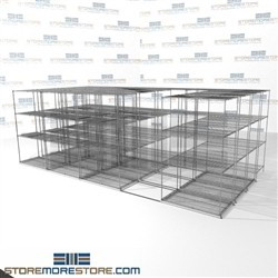 Four Deep Moving Wire Racking quad lateral storage shelving chrome wire SMS-94-LAT-2442-54-Q overall size is 16243.6 inches wide x 18' 7" deep x 223 inches high