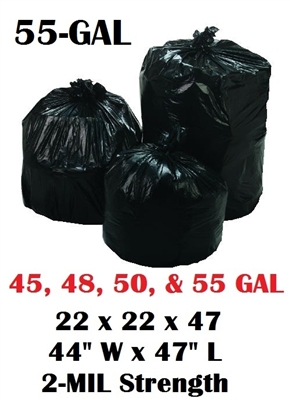 55 Gallon Trash Bags Garbage Bags Can Liners - 43" Wide x 47" Long 2.0-MIL Super Extra Heavy Gauge BLACK 100ct