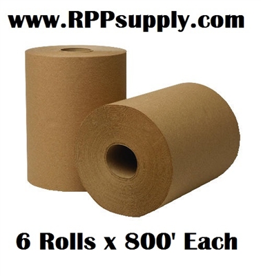 8" Natural Brown Hardwound Commercial Dispenser Roll Towels 6 Rolls x 800' Each