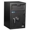 a large black front loading depository safe with 2 digital key pads made by protex safe