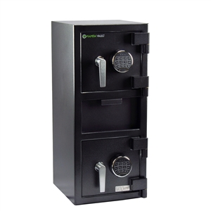 a large black front loading depository safe with 2 digital key pads made by mamba vault