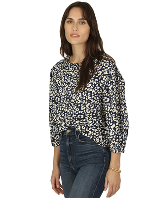 Women's rayon 3/4 sleeve round neck blue and white print top.
