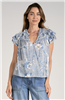 Elan Blue Leaf Print Short Sleeve Ruffle Top