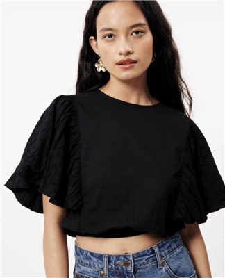 FRNCH Ciara Black Short Woven Top with Puff Sleeve