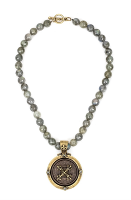 women's French Kande necklace is 17 inch strand of gray labradorite with a Centennial X Stack Medallion